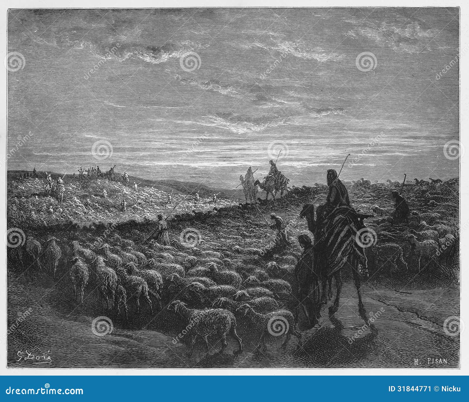 Abraham Journeying en la tierra de Canaan - la imagen de la colección de libros santa de las escrituras, viejos y nuevos de los testamentos publicó en 1885, Stuttgart-Alemania. Dibujos de Gustave Dore.