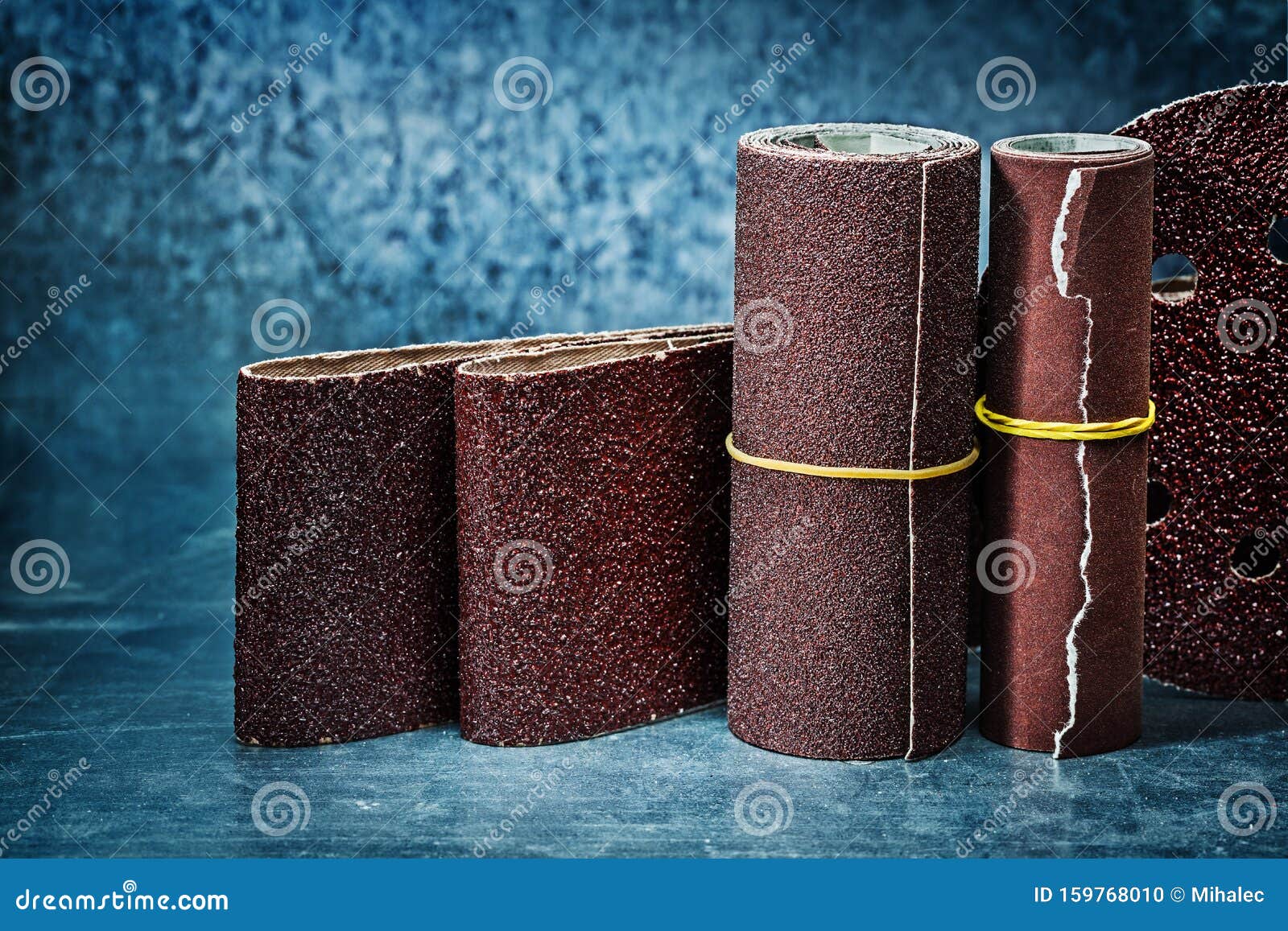Abrasive Tools Sanding Tapes on Metalic Background Stock Photo Image