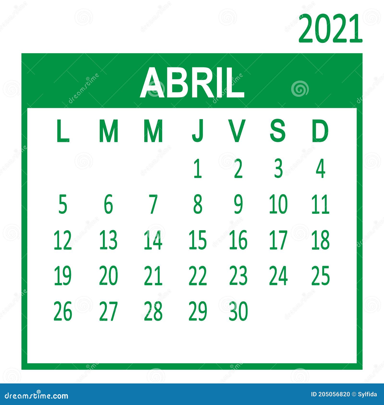 abril april. fourth page of set. calendar 2020, template. week starts from lunes monday. 