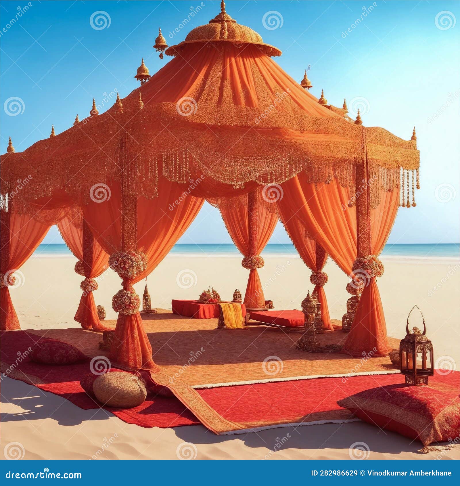 In the Absence of People, Set Against a Beach Backdrop, the Indian Wedding  Setup Features a Warm Color Scheme with an Orange Theme Stock Illustration  - Illustration of warm, close: 282986629