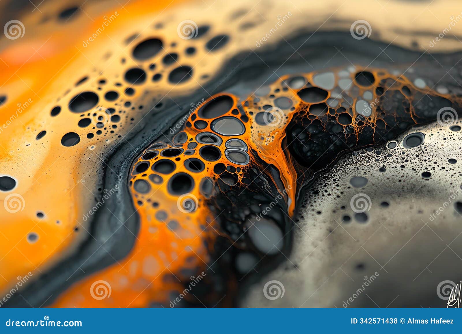 abstract acrylic paint pour with orange and black swirls