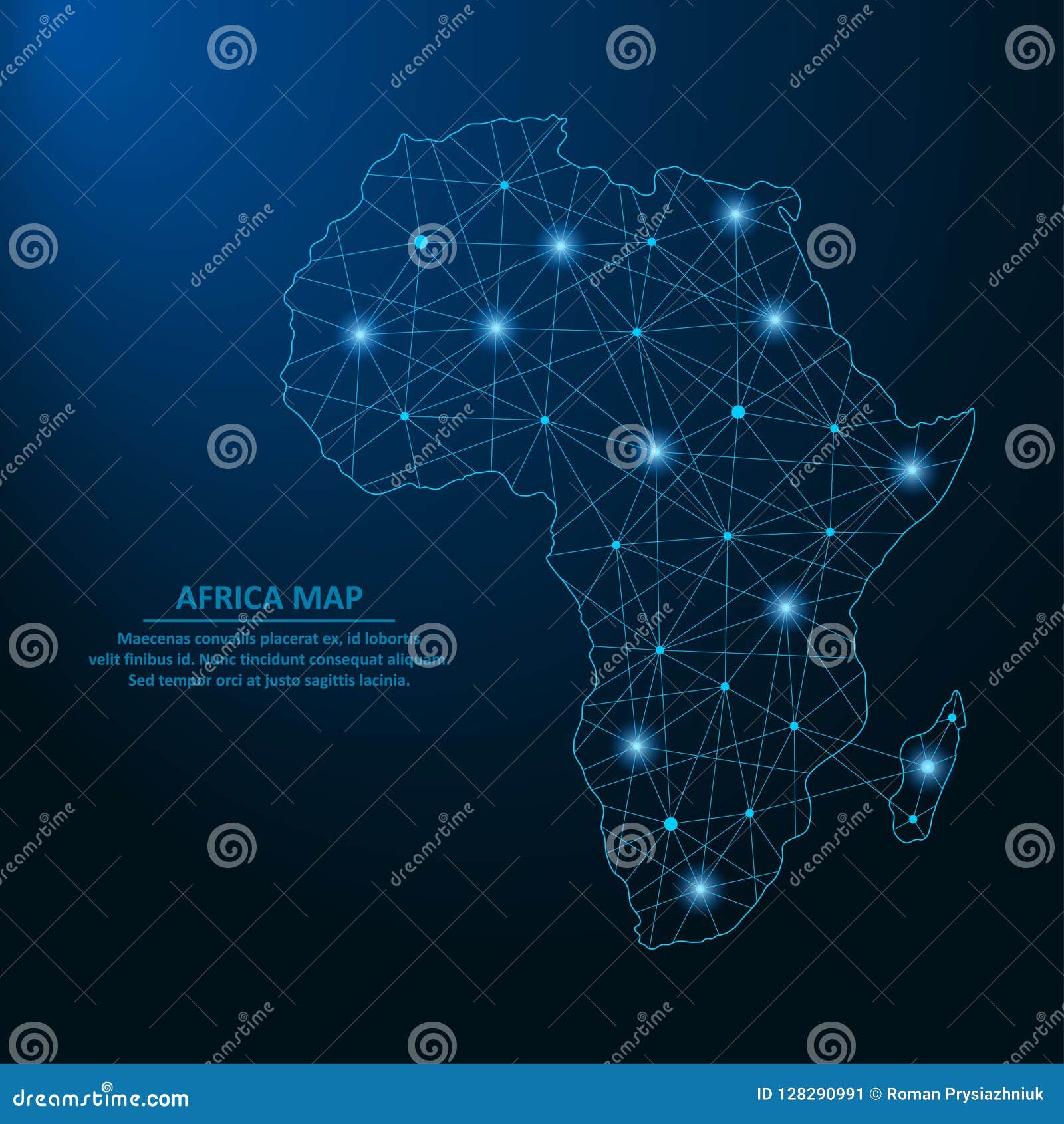 abstract africa map created from lines and bright points in the form of starry sky, polygonal wireframe mesh and connected lines.