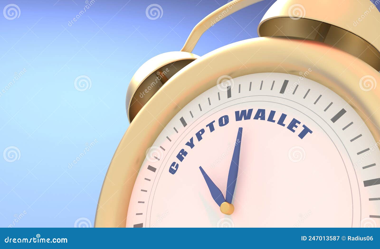 Cryptocurrency Concept. Golden Alarm Clock with Crypto Wallet Text 