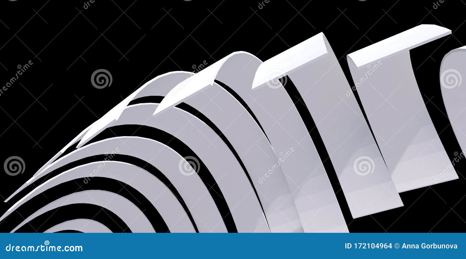 Abstract White Object From Arched Curved Stripes On Black Background 3d