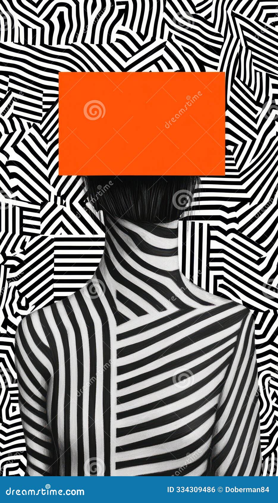 abstract art with black and white vertical stripes pattern against a bold orange rectangle creating an illusionary