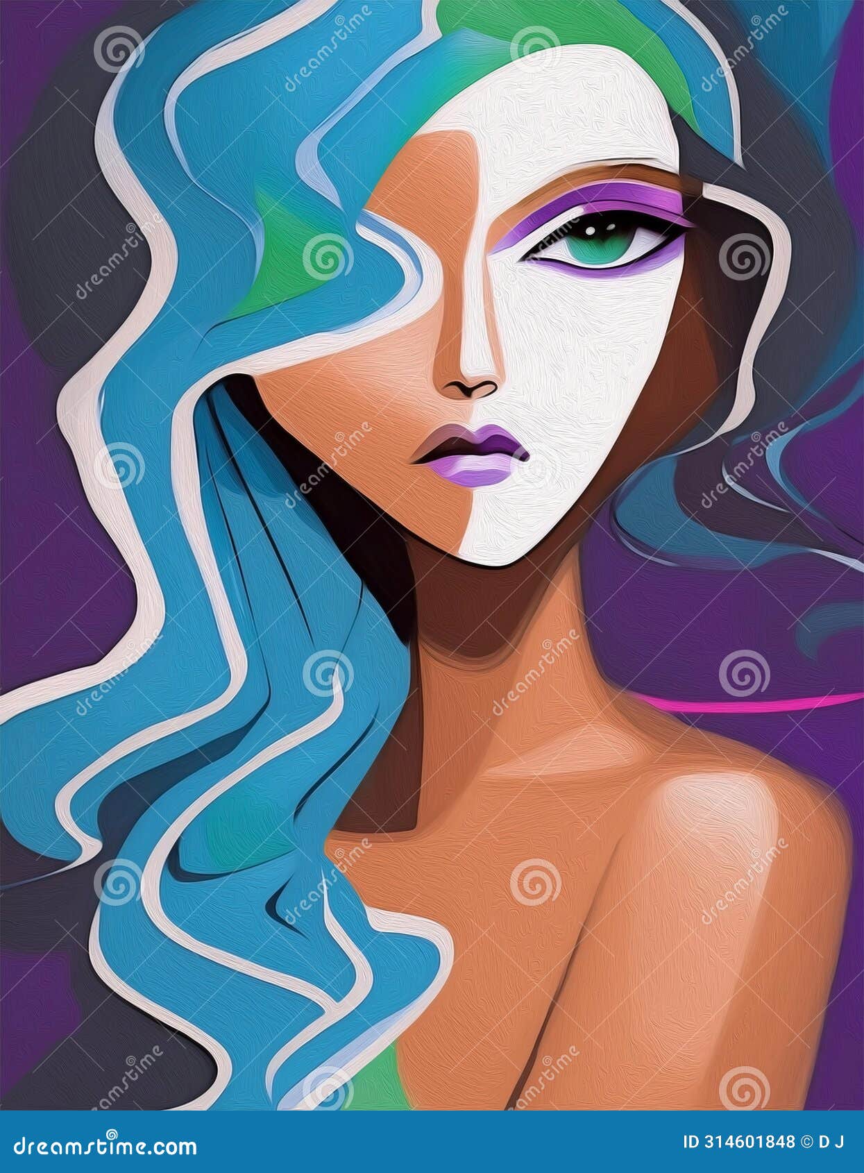 an abstract art, colorful hair woman.