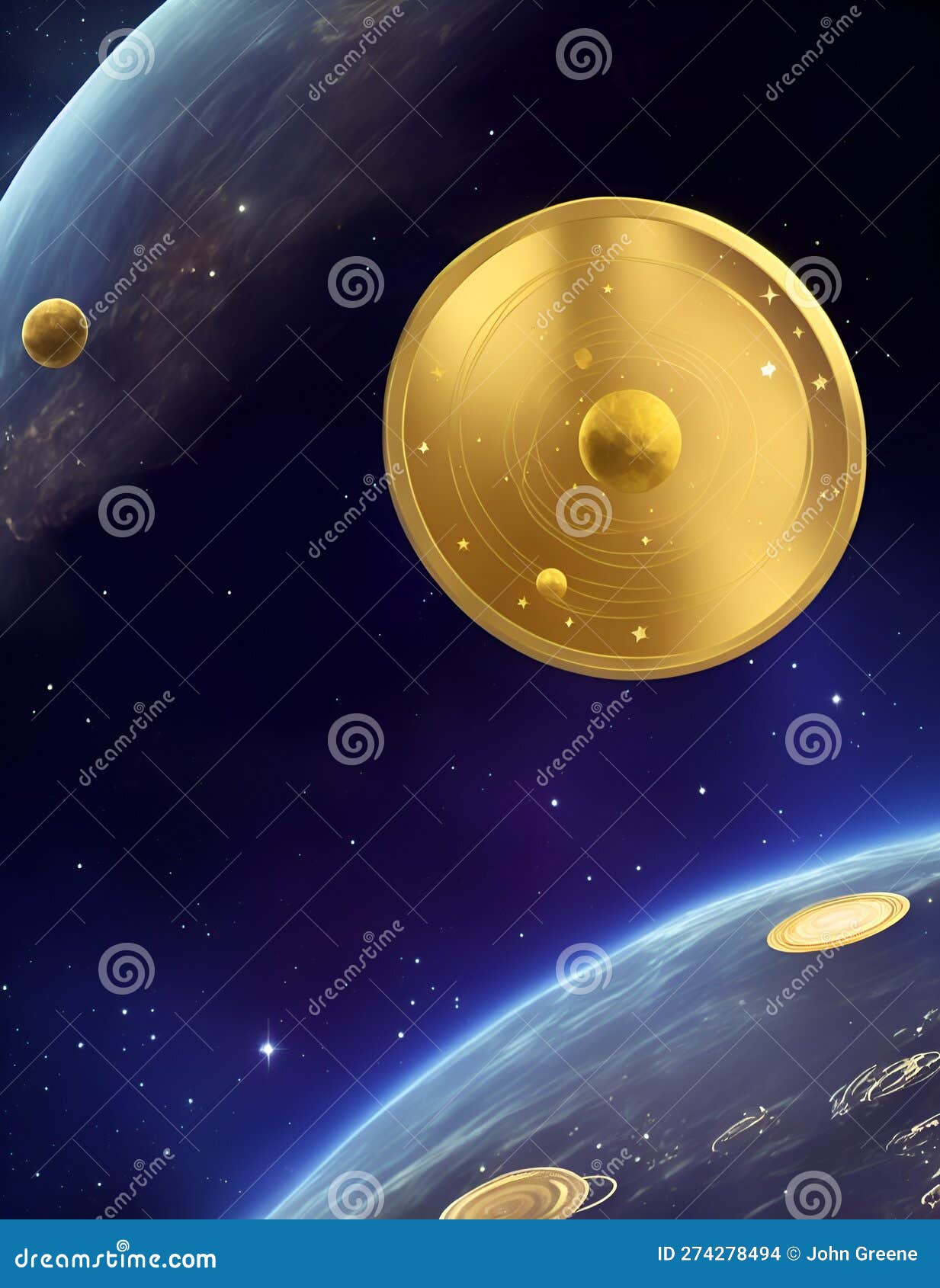 Abstract Art, a Large Gold Coin in Outer Space, Generated by AI. Stock