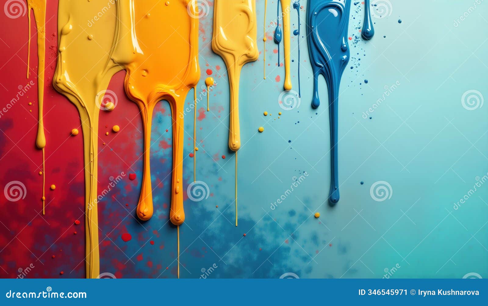 abstract art paint drips. colorful yellow orange blue paint flows. bright fluid glossy texture. modern art . vivid color