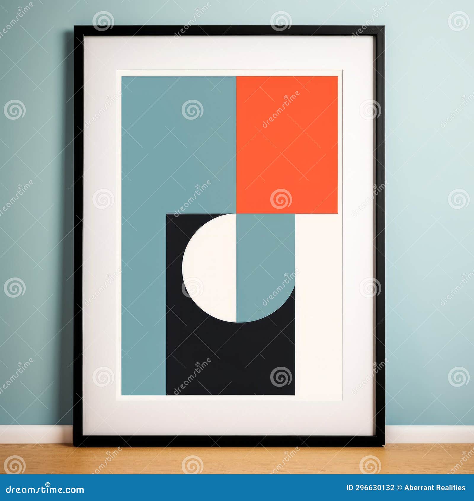 An Abstract Art Print in a Black Frame on a Blue Wall Stock
