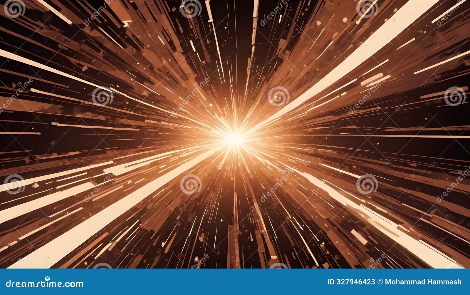 abstract art with a starburst effect in shades of gold and white against a dark background, representing energy, light
