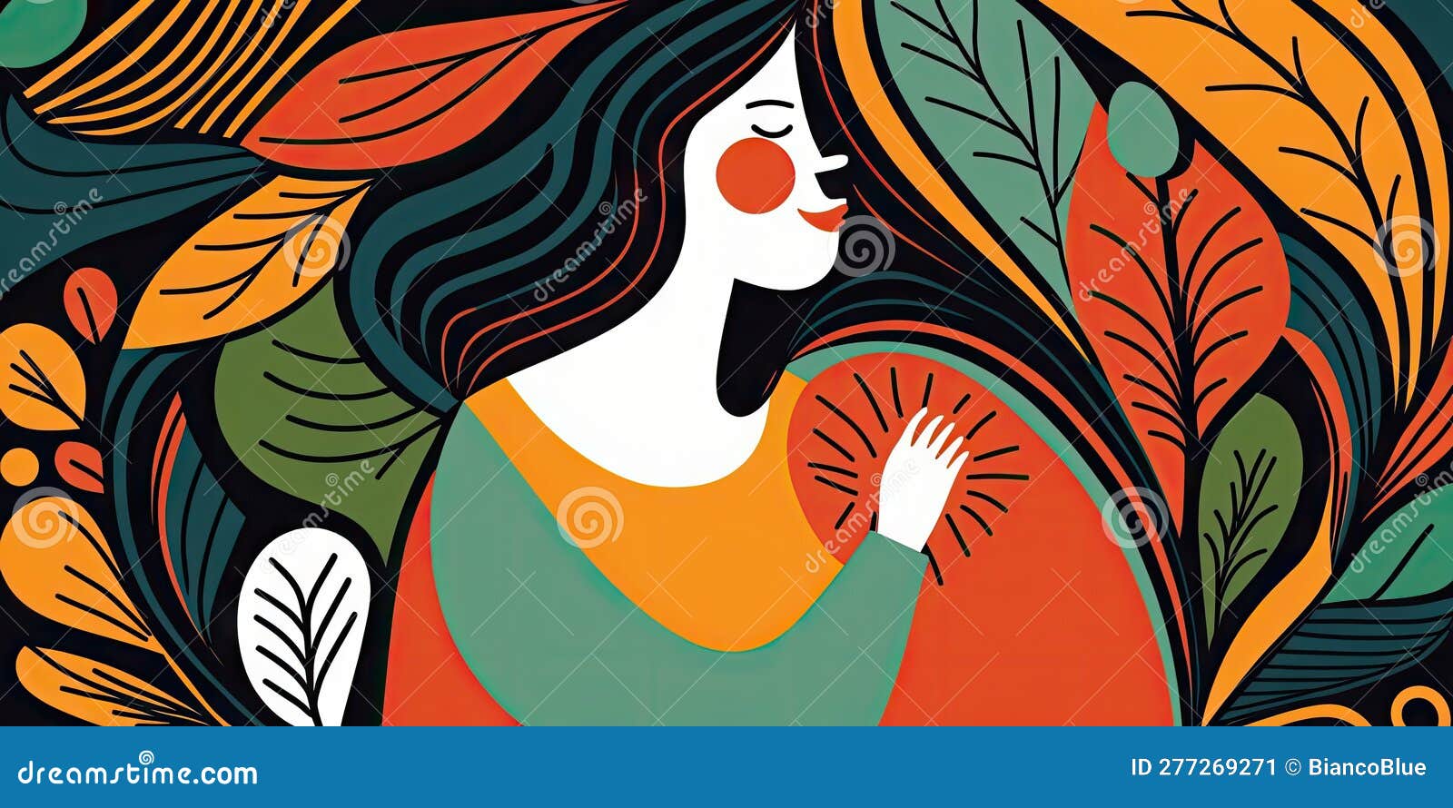 abstract art in woman hugging and smiling in herself or kid in colorful pattern.