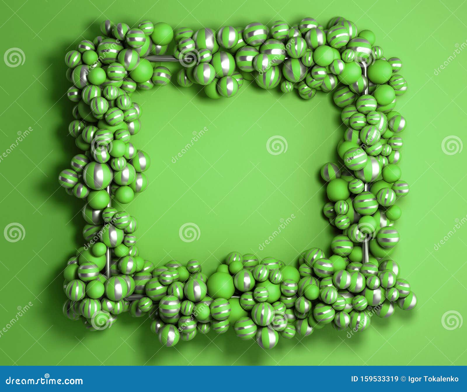 abstract background green frame as background with striped elegant balls 3d render