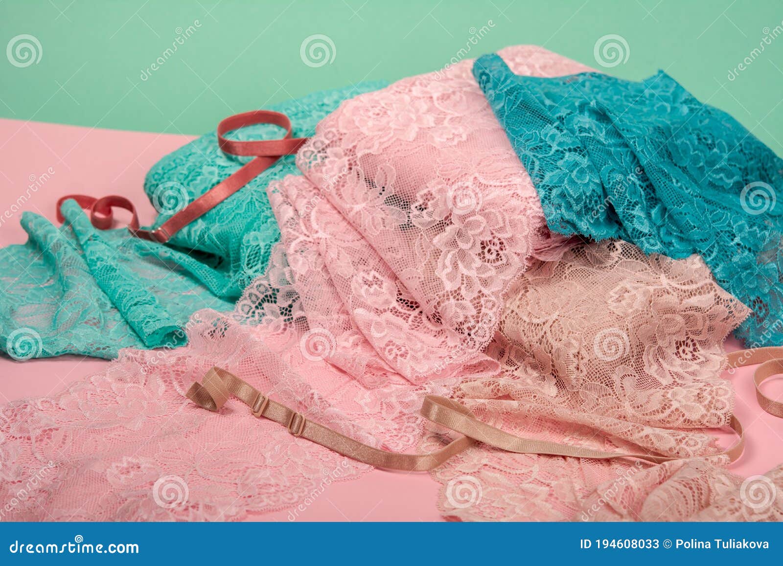 Pile of Color Rich Bright Lace for Lingerie, Panties, and Bras on Pink  Background Stock Image - Image of atelier, green: 194608033