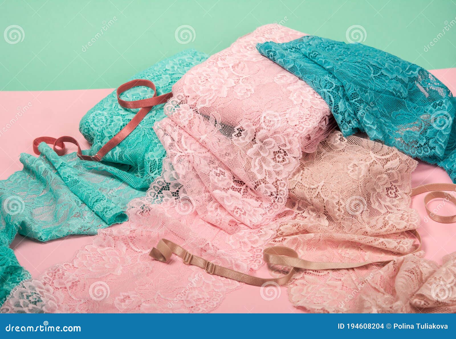 Pile of Color Rich Bright Lace for Lingerie, Panties, and Bras on Pink  Background Stock Photo - Image of handmade, bright: 194608204