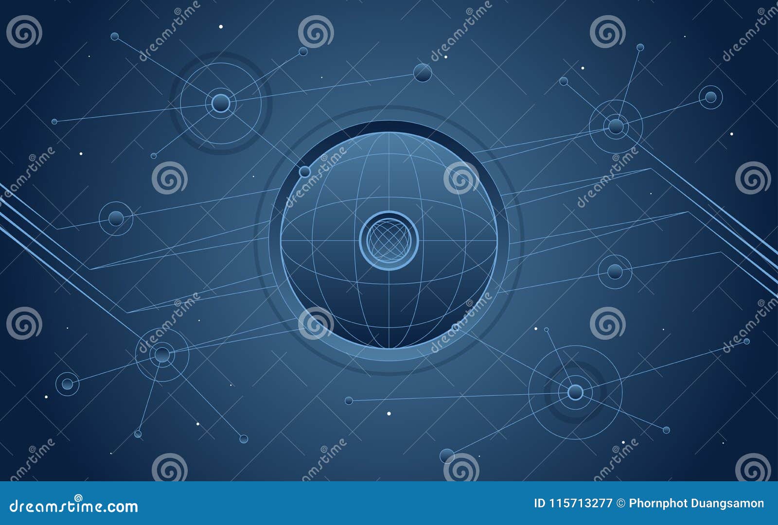 abstract background. sphere  and circle with connecting dots and line.  