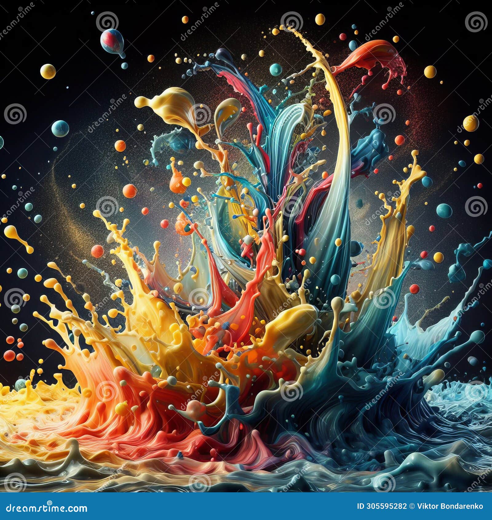 Abstract Collage of Vibrant, Dynamic Liquid Splashes Against a Black