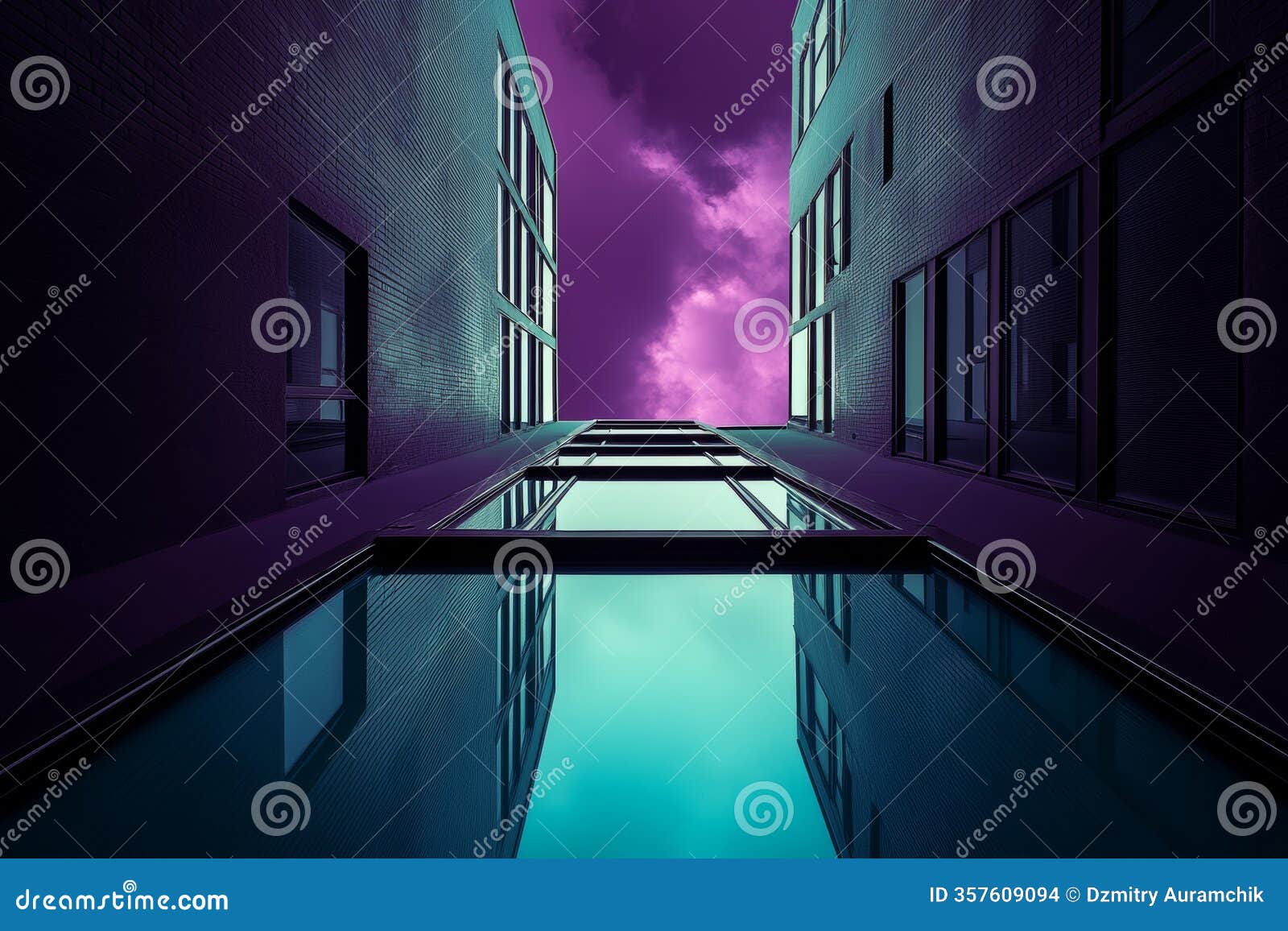 an abstract background. a view upwards from a modern high-rise building's chimney towards a blue sky dotted with