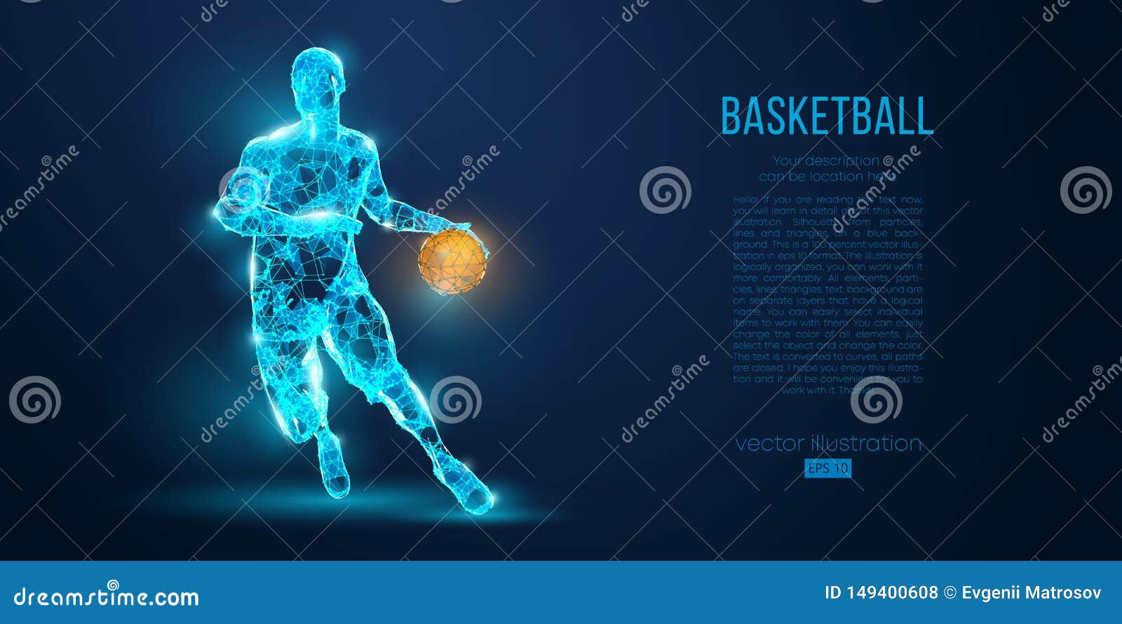 abstract basketball player from particles, lines and triangles on blue background. low poly neon wireframe outline
