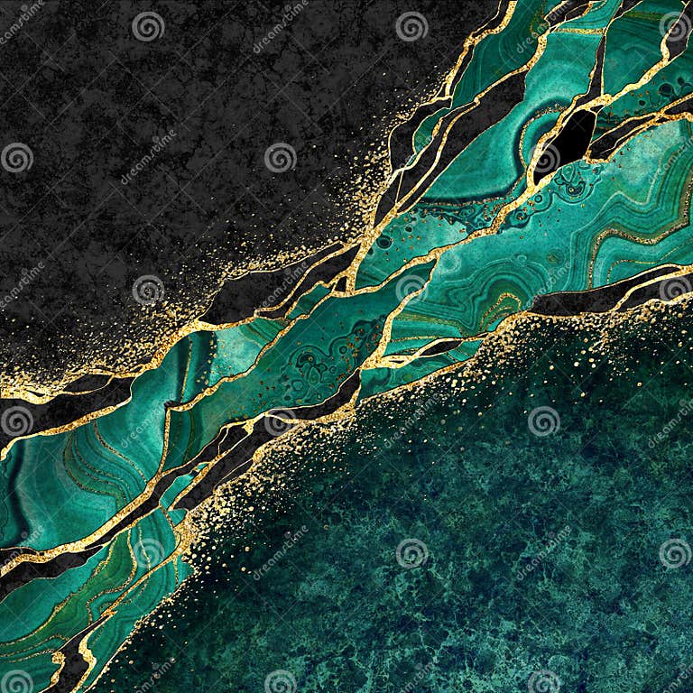 Abstract Black Marble Green Malachite Background with Golden Veins ...