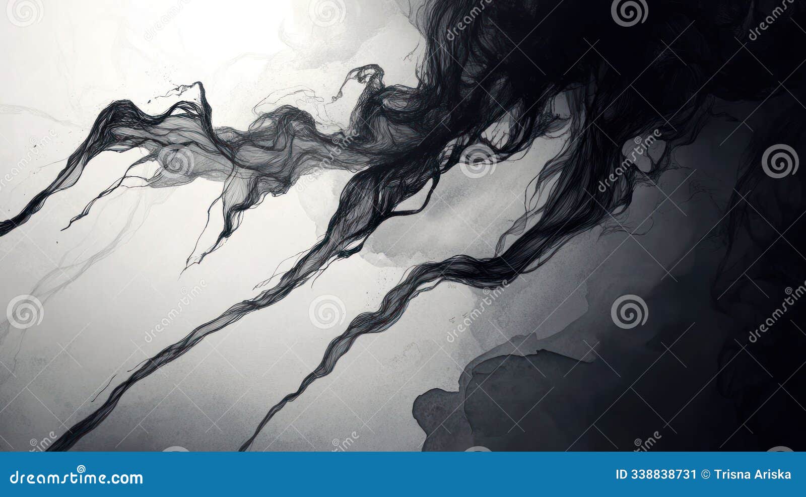 abstract black and white ink-like patterns creating a dynamic visual flow