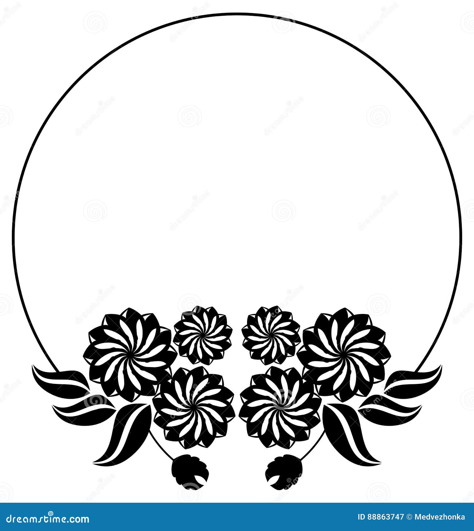 Abstract Black And White Ornament With Decorative Flowers Raster