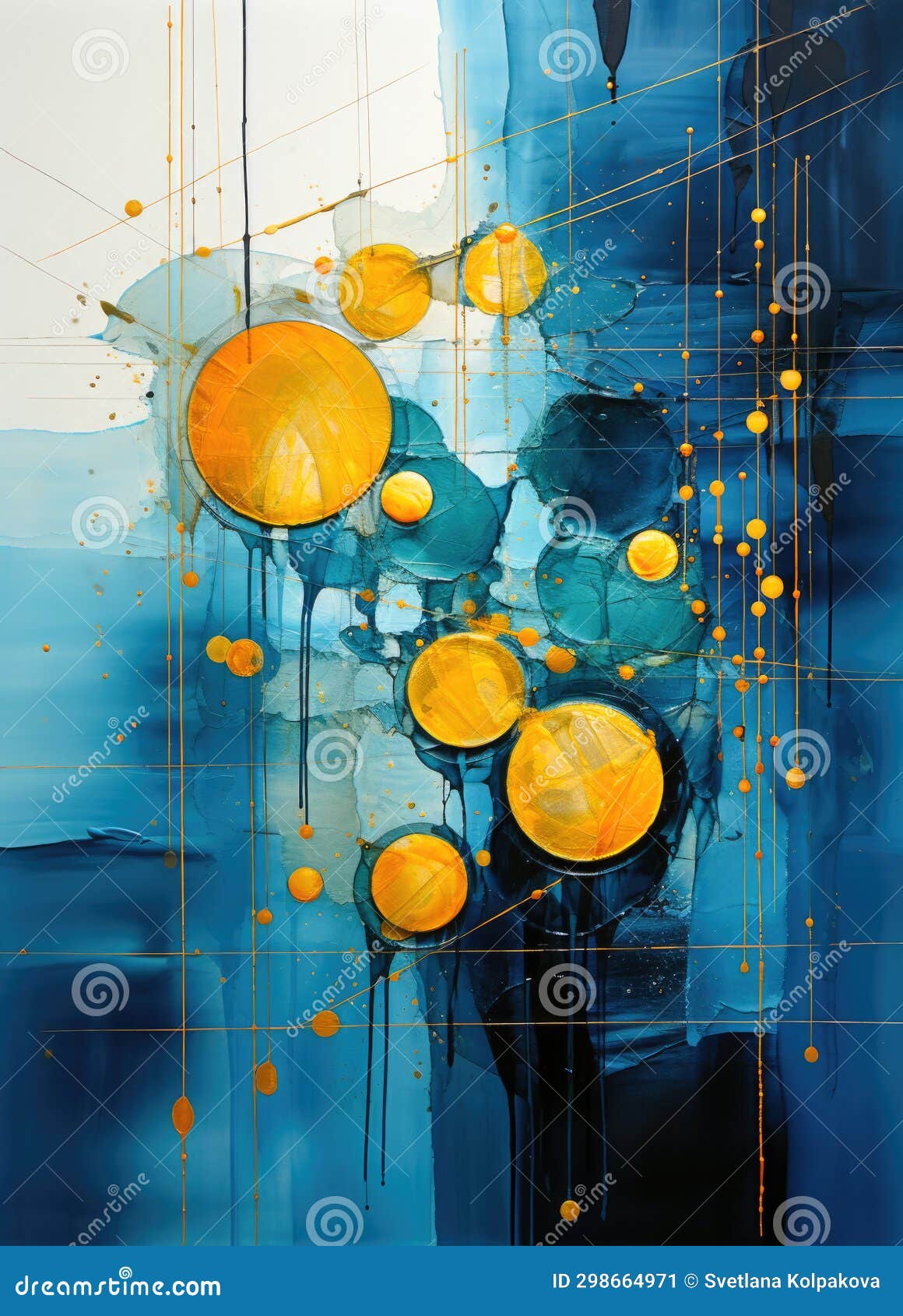 Abstract Blue and Gold Acrylic Painting with Circles and Drips Stock Illustration Illustration