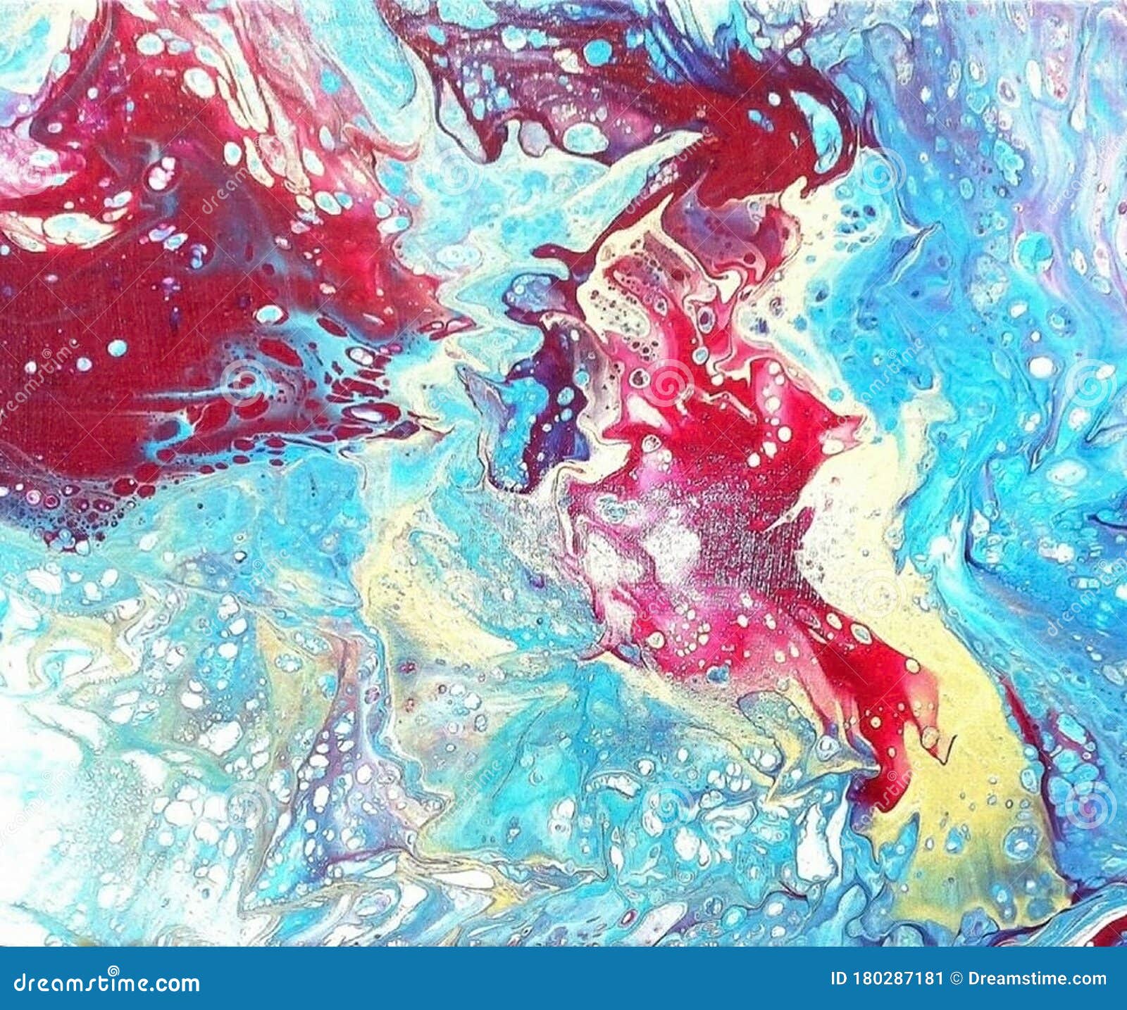 abstract blue, gold and red background, bubbles and bubbles, splashes of color.