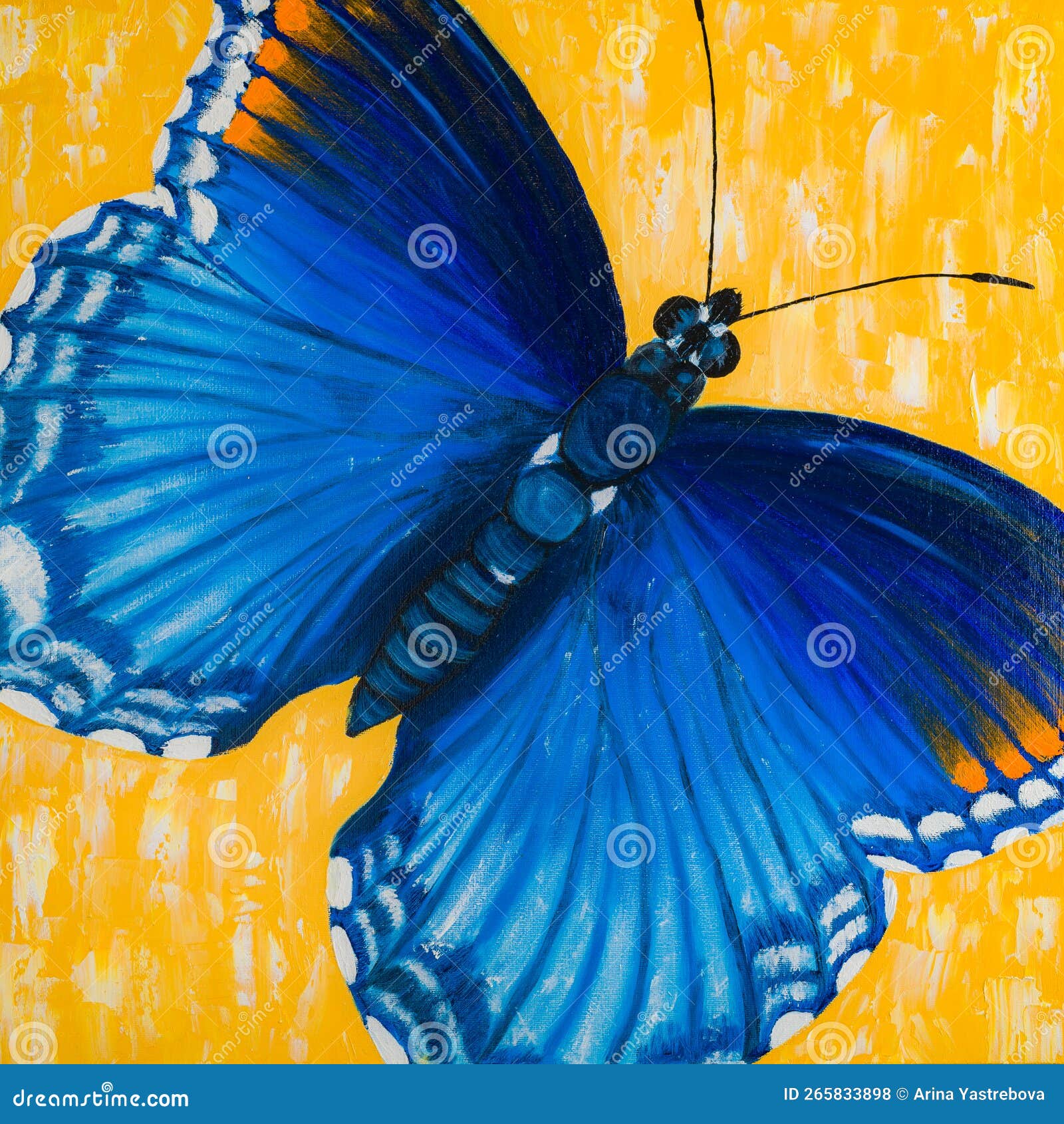 abstract blue tropical morpho butterfly on yellow background, oil painting
