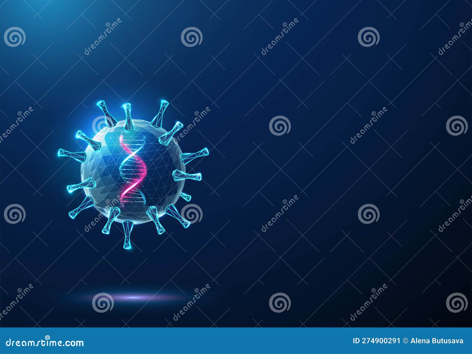 abstract blue virus with purple 3d dna molecule helix inside