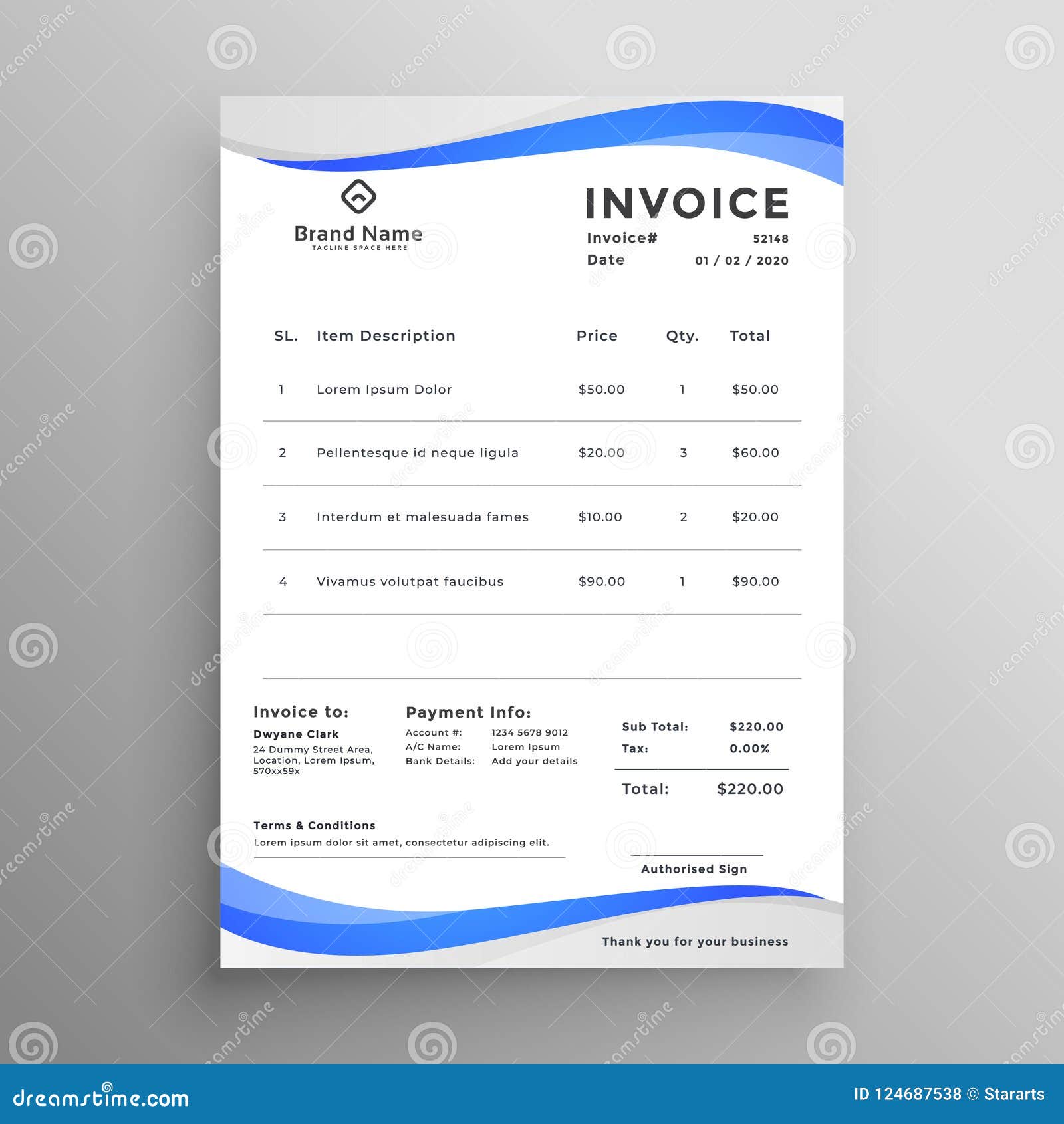 abstract blue wavy style invoice template