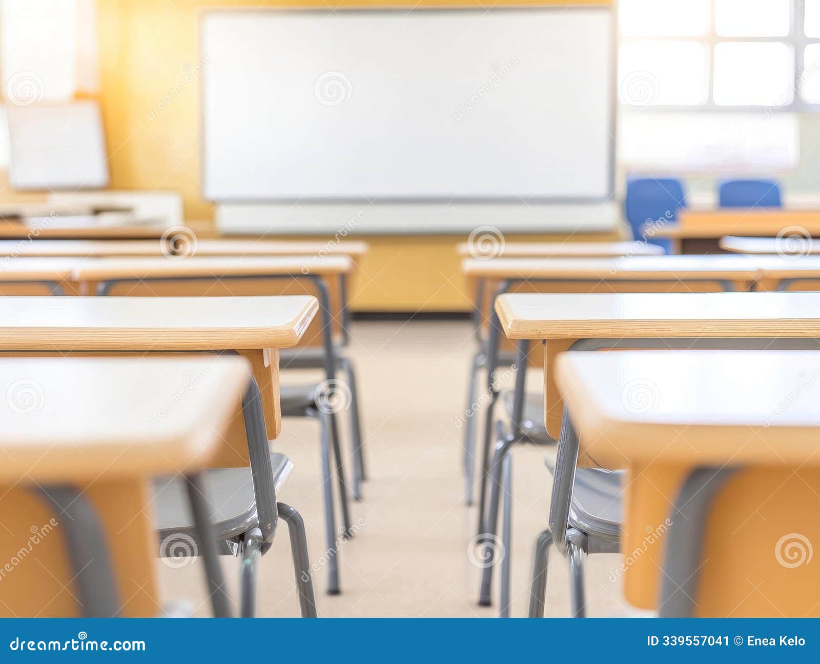 abstract blur classroom interior with desks and whiteboard