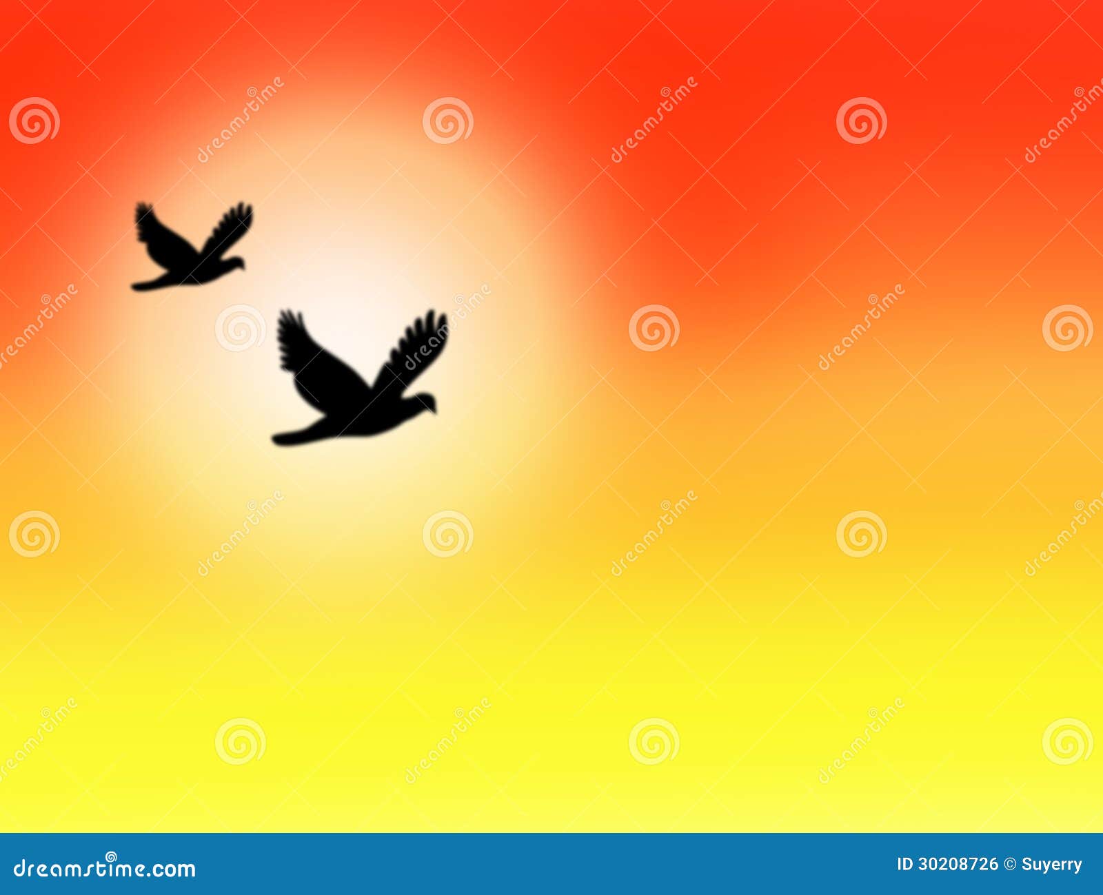 orange and yellow skyscape with sun and birds