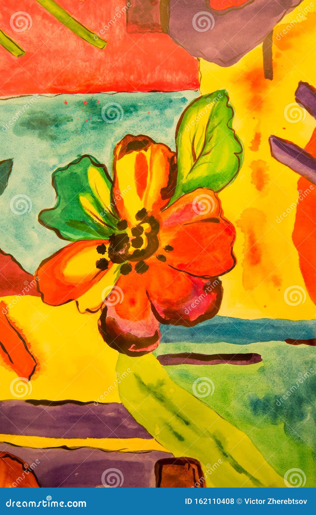 Abstract Bright Red Yellow Flower On Abstract Leaf Fields Background Watercolor Painting Wallpaper Concept Art Stock Illustration Illustration Of Holiday Blue 162110408