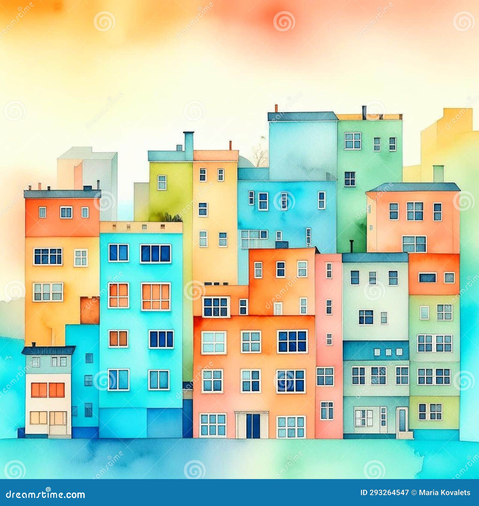 Abstract Buildings in City on Watercolor Painting. City Scape ...