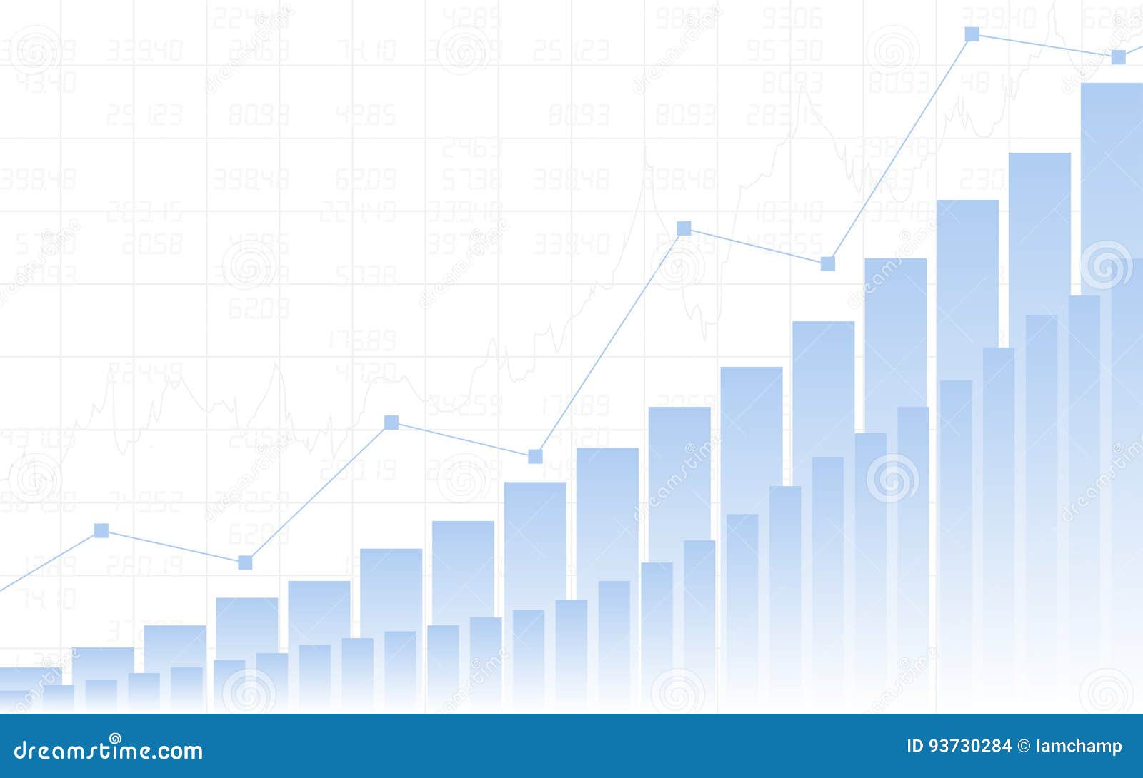 abstract business chart with up trend line graph, bar chart and stock numbers on white color background