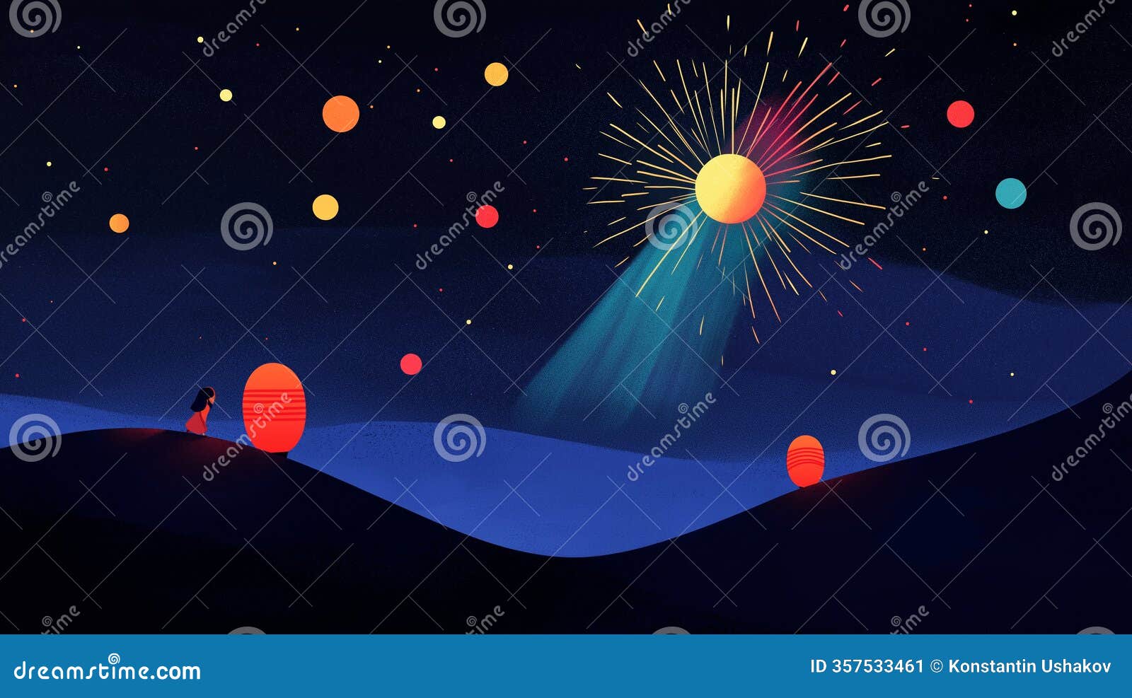 abstract chinese new year celebration with lanterns and fireworks