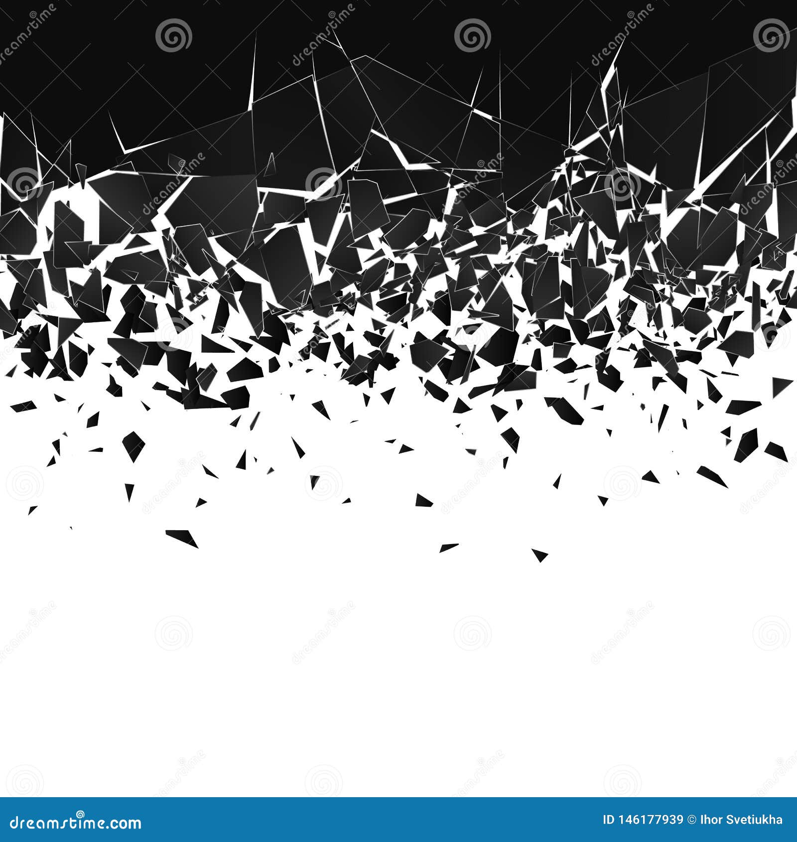 abstract cloud of pieces and fragments after explosion. shatter and destruction effect.  