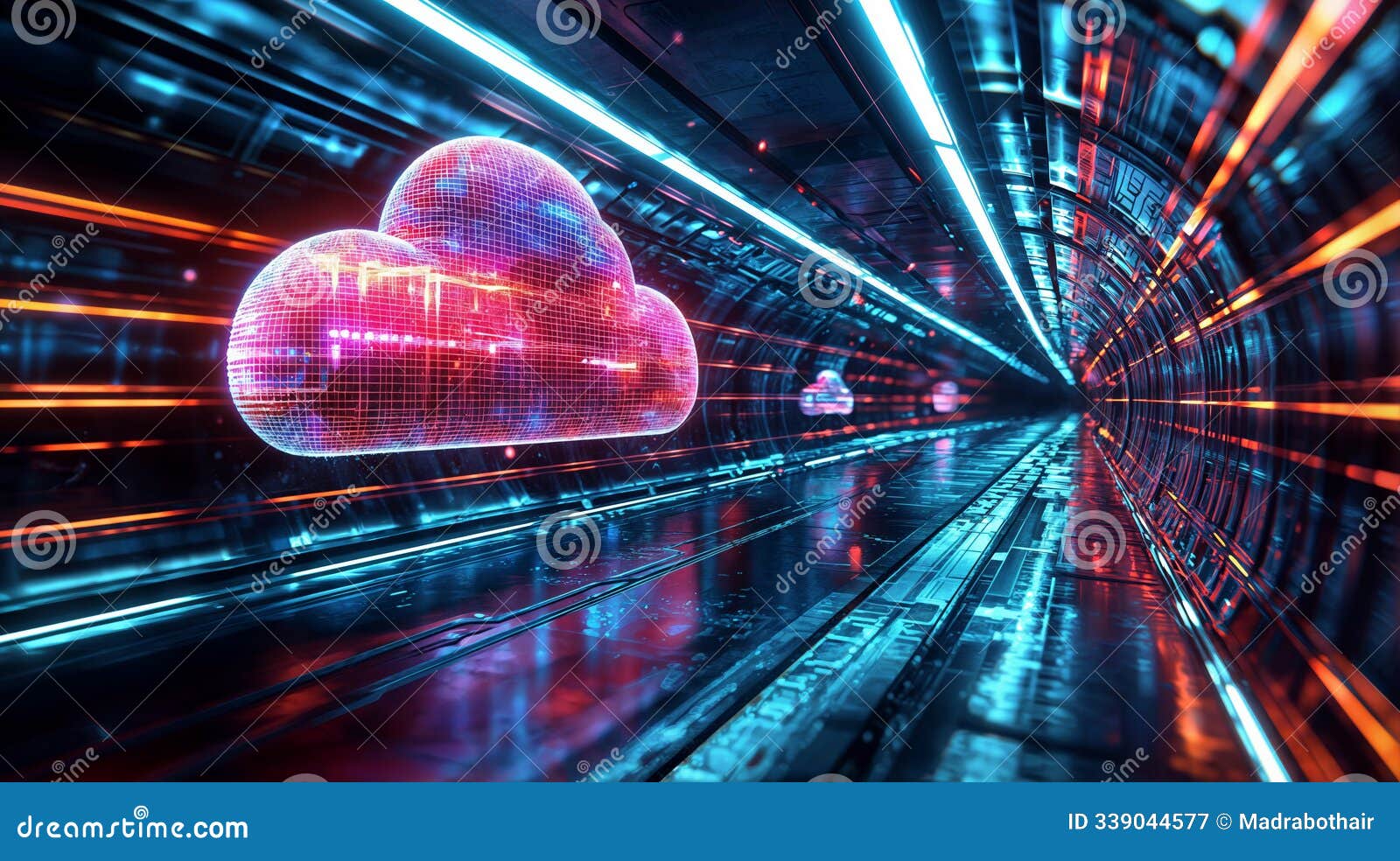 abstract clouds in a server room, visualization of cloud computing