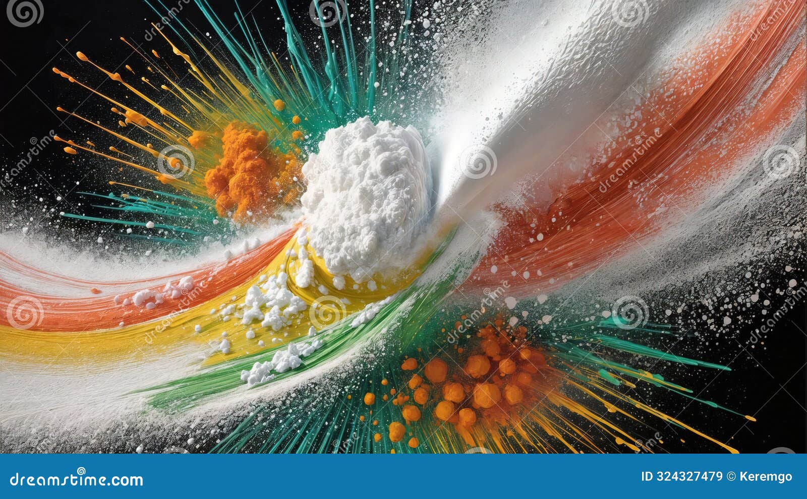 abstract color splash image bursts with vibrant white, orange and deep green