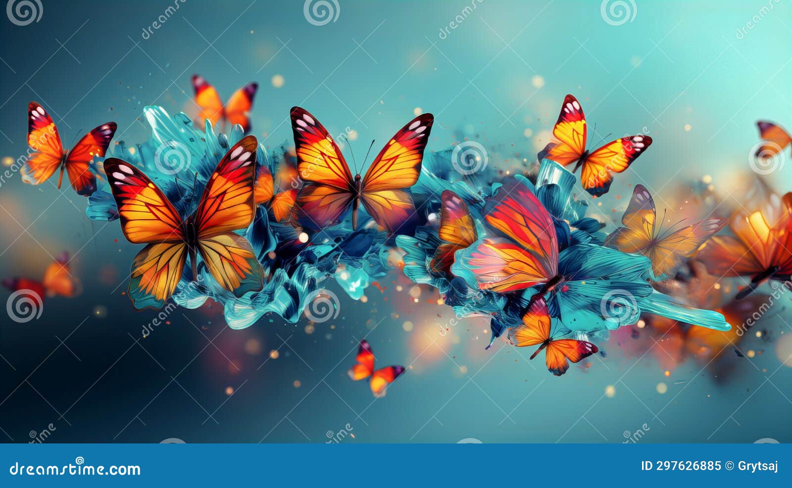 Abstract Colorful Background with Blue and Orange Butterflies Stock