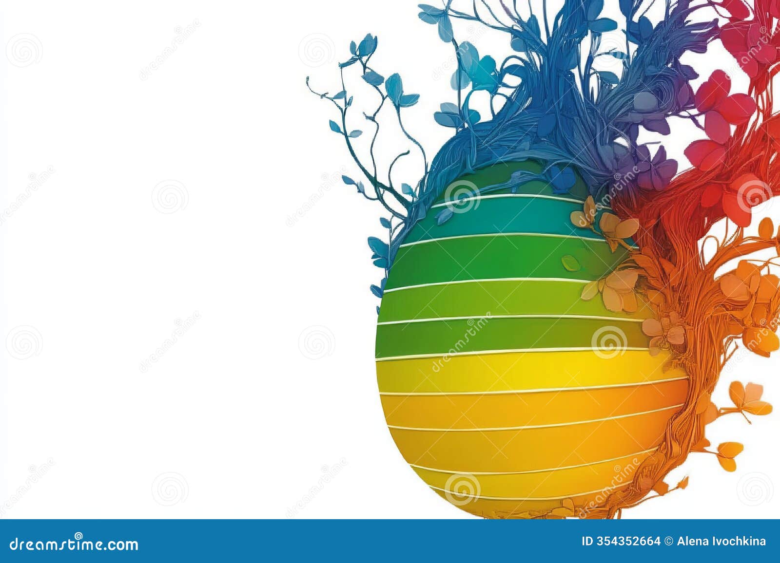 abstract colorful sphere with floral vines extending outward, blending vibrant hues, on a white background. concept of