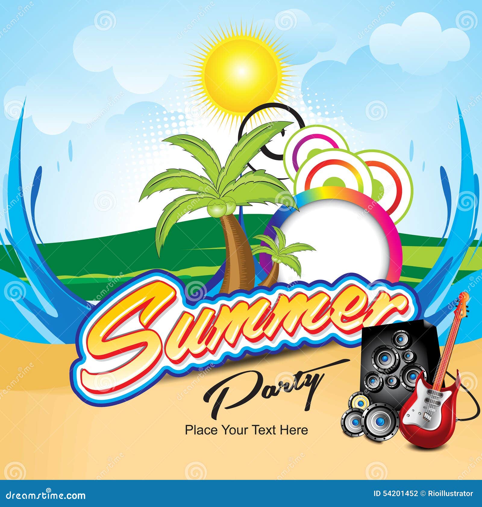 Abstract Colorful Summer Background with Musical Instruments Stock