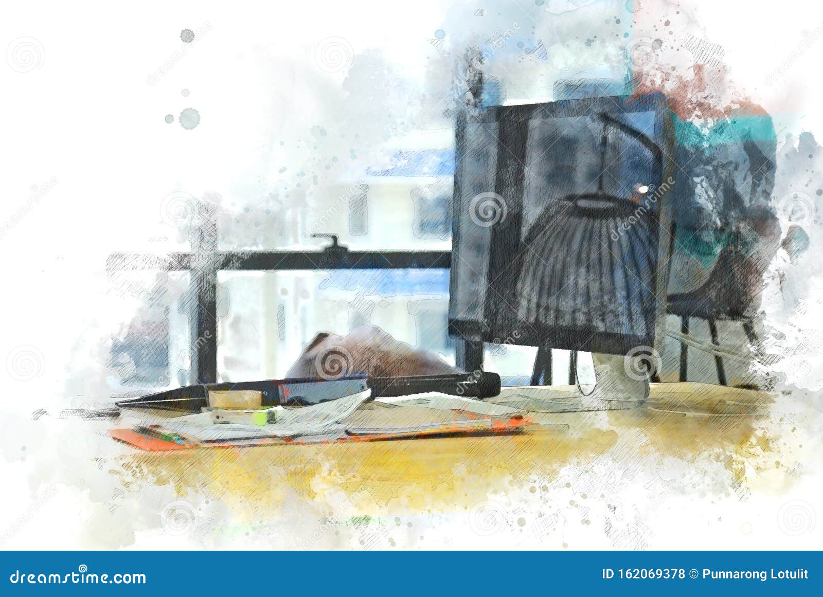 Abstract Colorful Work Table In Office Watercolor Illustration Paint Background. Stock Photo - Image Of Object, Desk: 162069378