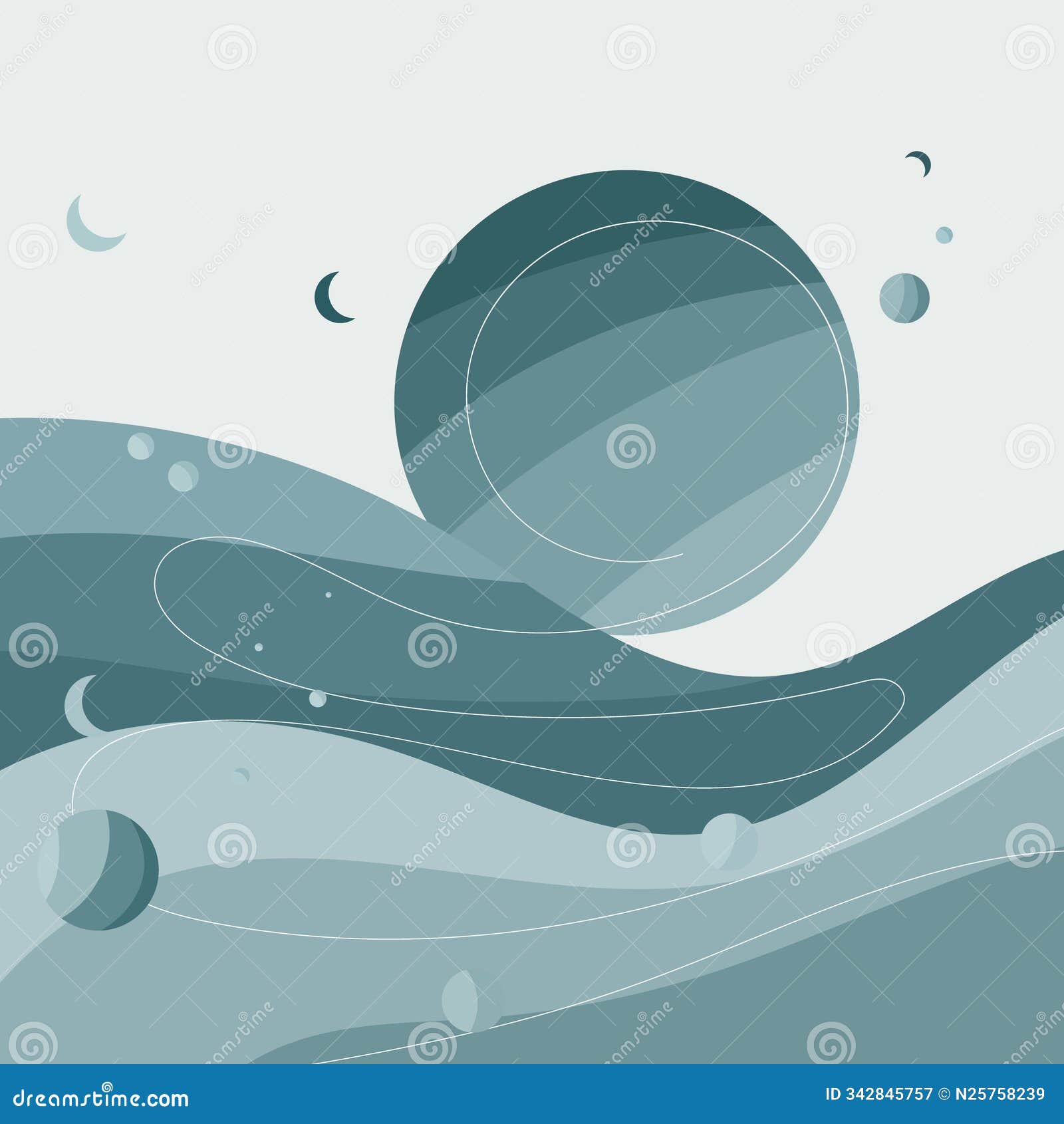an abstract composition with blue-green needles that evoke a sphere, creating a sense of cosmic harmony and calm