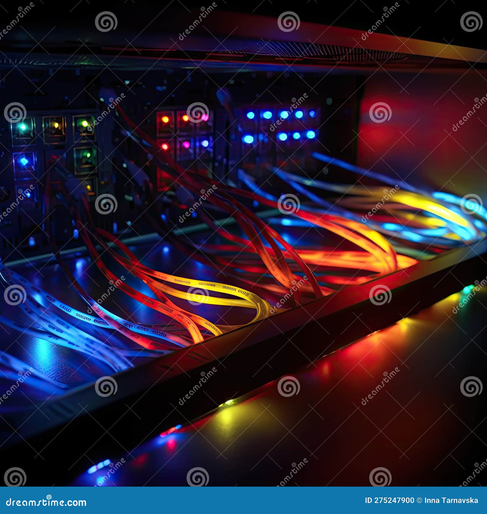 abstract computer cable management. desktop, server, cyberpunk concept. colorful neon colors plastic wires connected to