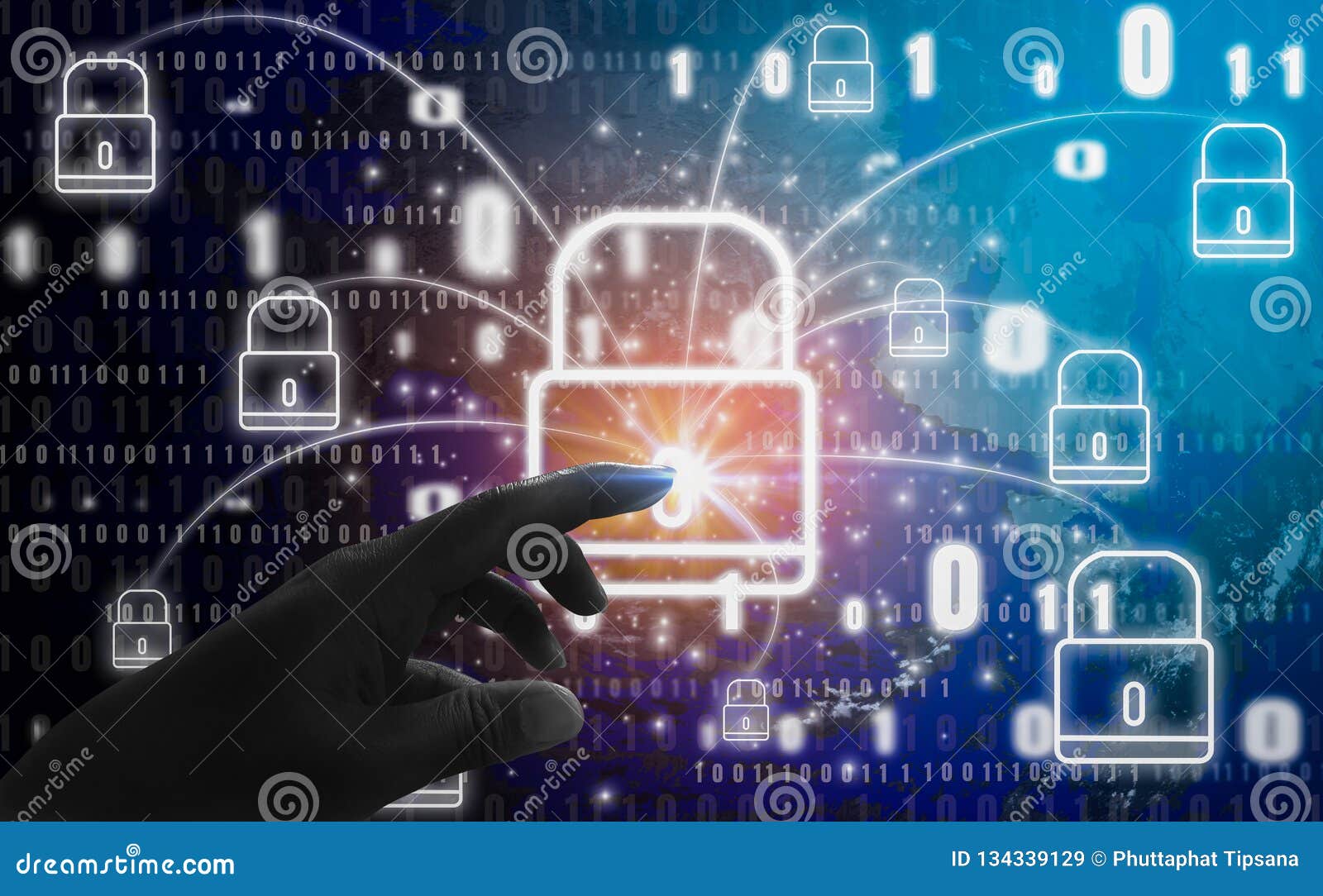 abstract concept, fingers are touching padlock , with protection of digital identity theft and privacy, online database and