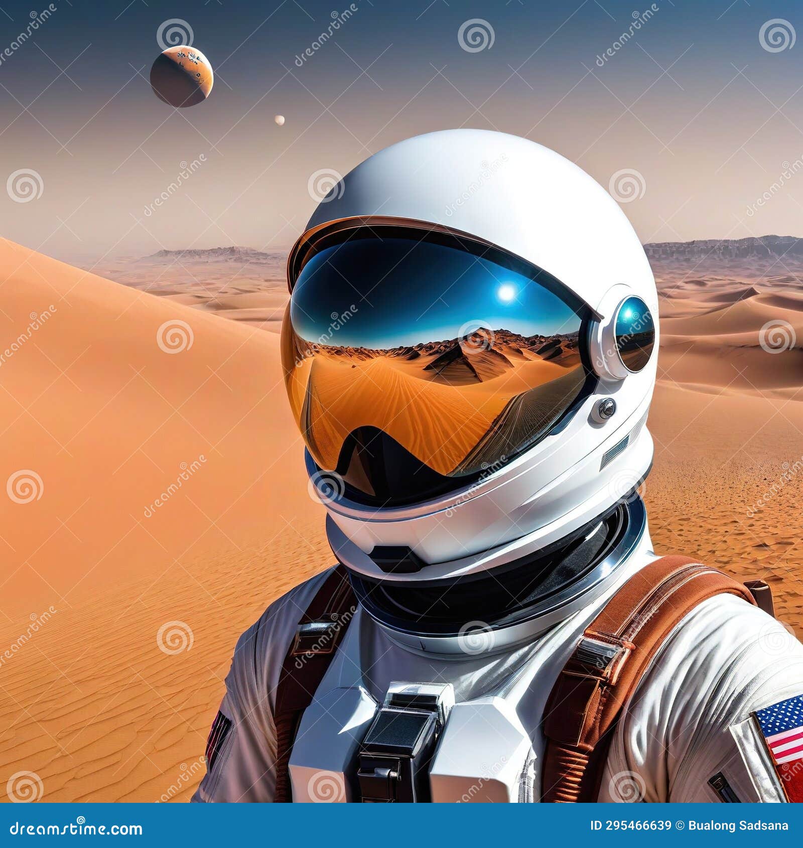 abstract of cosmonaut that is in the space reflection of the mars planet in the helmet