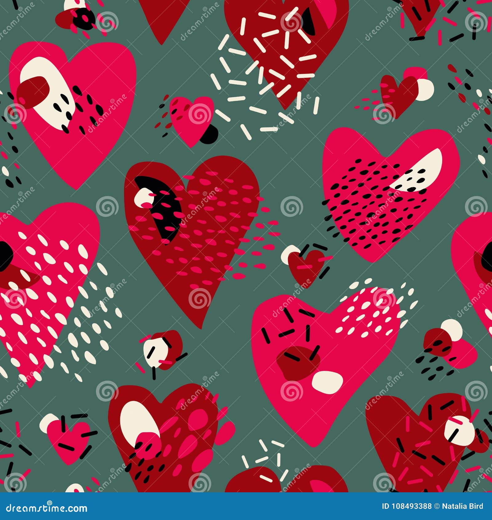 Abstract Cute Seamless Pattern with Chaotic Painted Hearts. Valentine`s ...