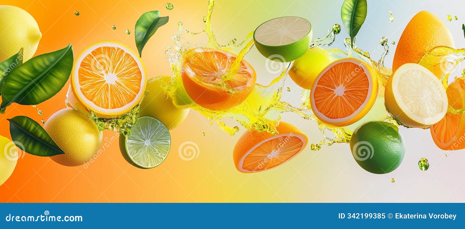 abstract 3d collage of floating fruit segments with juice splashes on gradient background, generative ai