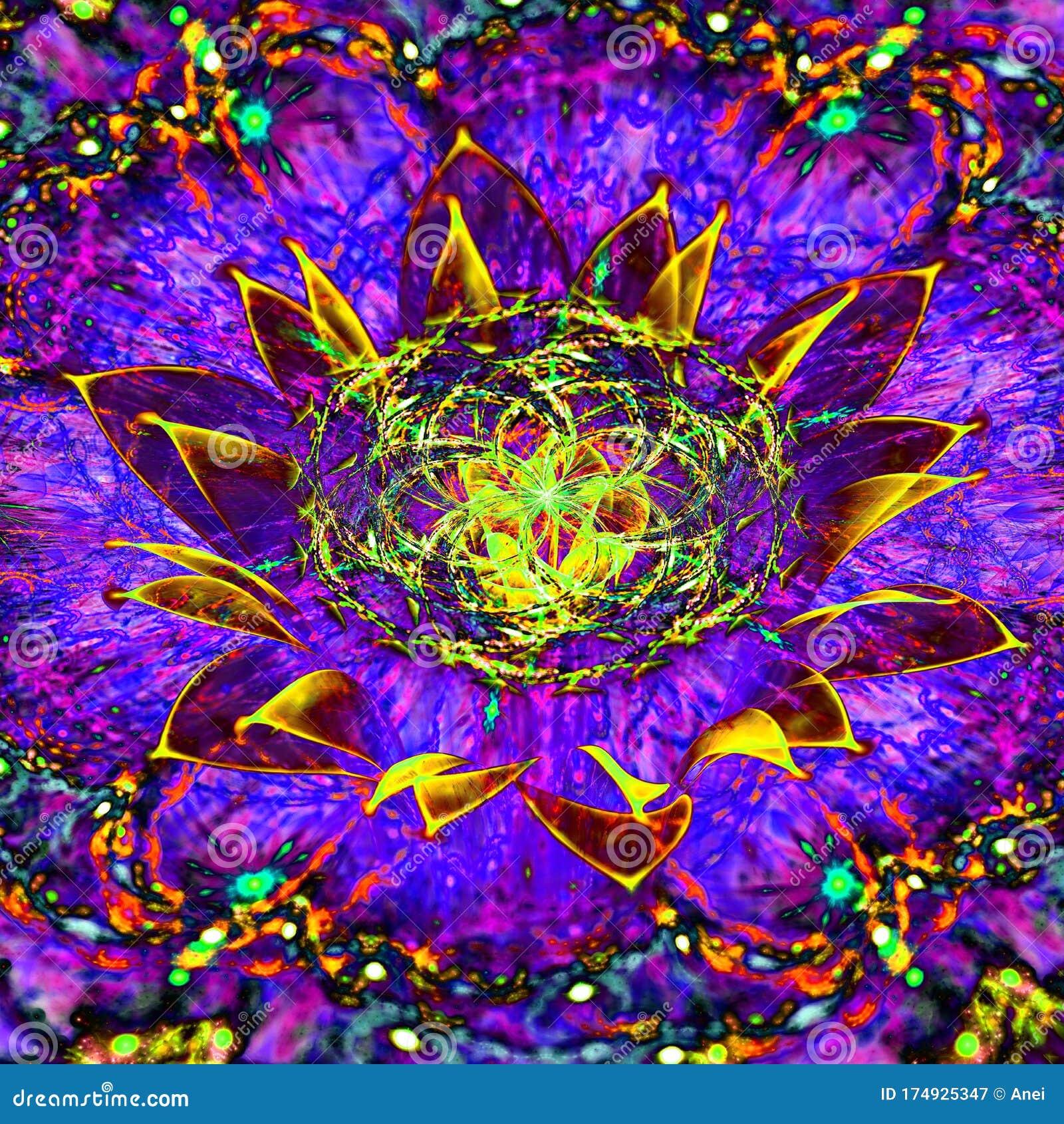 abstract 3d flower background with detailed petals coming out of the center with a detailed decorative flower of life 